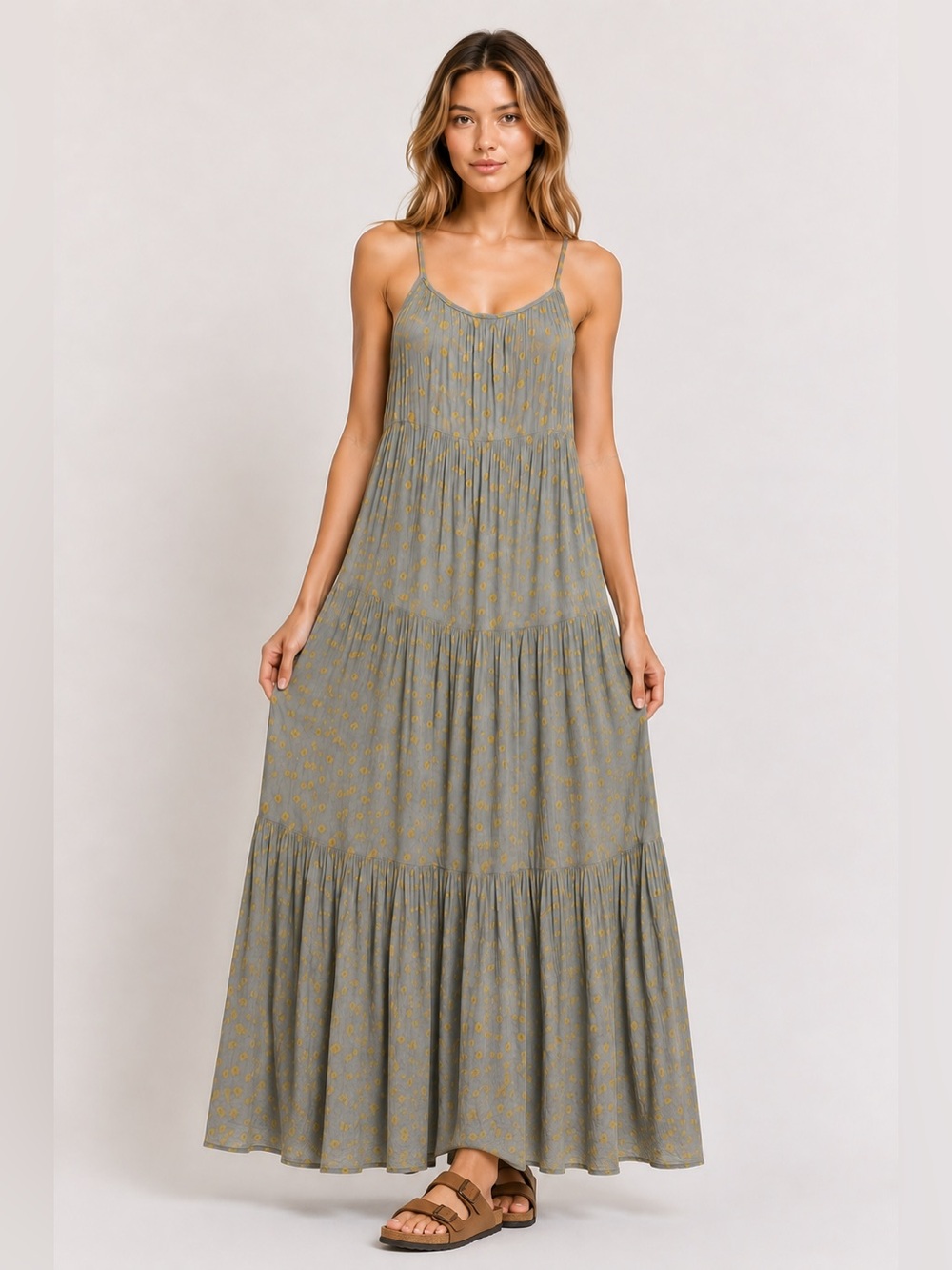 Carly Jean Los Angeles Maxi Dress Large Tiered Boho Gray Gold Geometric Squares